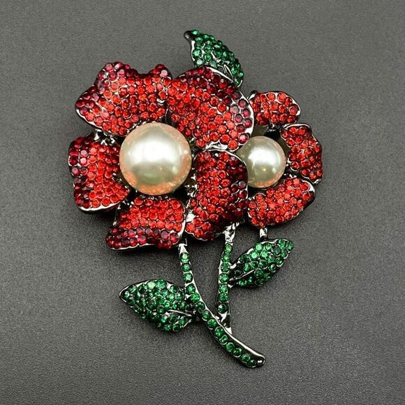 Gun Metal with Ruby Garnet Red and Emerald Crystal Pearl Flower Pin Back Brooch - Picture 2 of 8